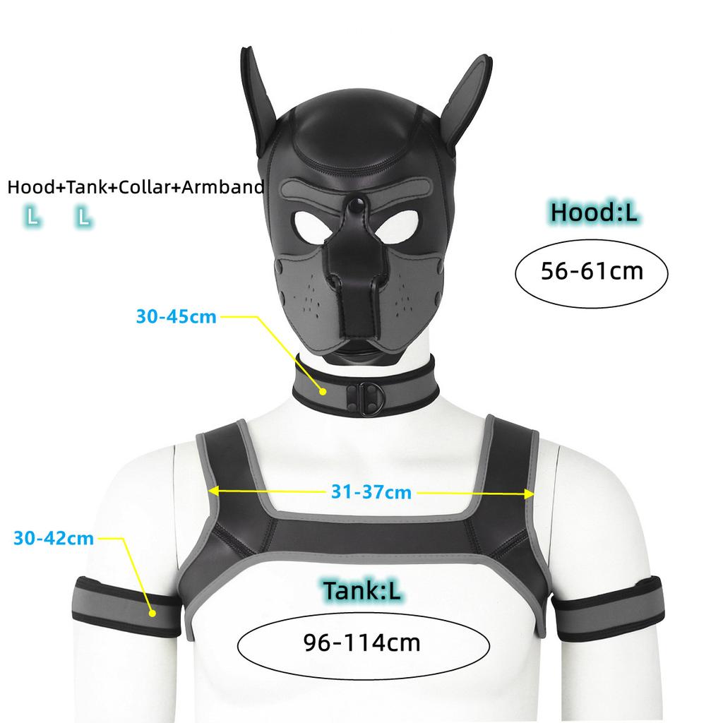 XL Large Size Cucciolo Cosplay Neoprene Fetish Hood Maschera Kit con fascia toracica Collare Fascia da braccio Costumi sessuali per BDSM Ruolo schiavo
