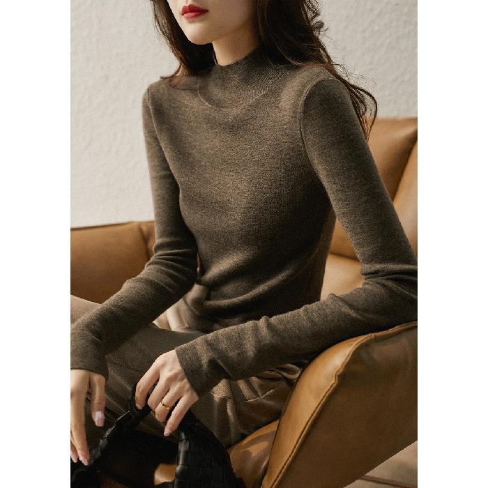 2024 Nové podzimní a zimní topy Pletené dámské tričko s dlouhým rukávem a polovičním rolákem Velká velikost Korejský styl Spodní tričko Jednobarevný svetr