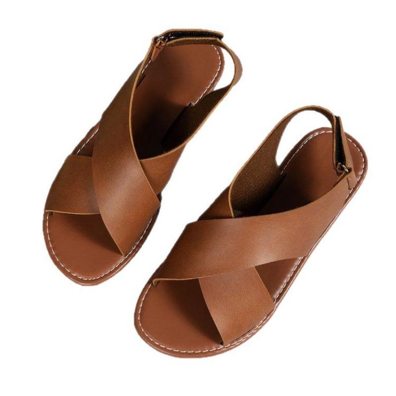 Women's Plus Size Cross Strap Flat Sandals, Wide Retro Casual Beach Slides