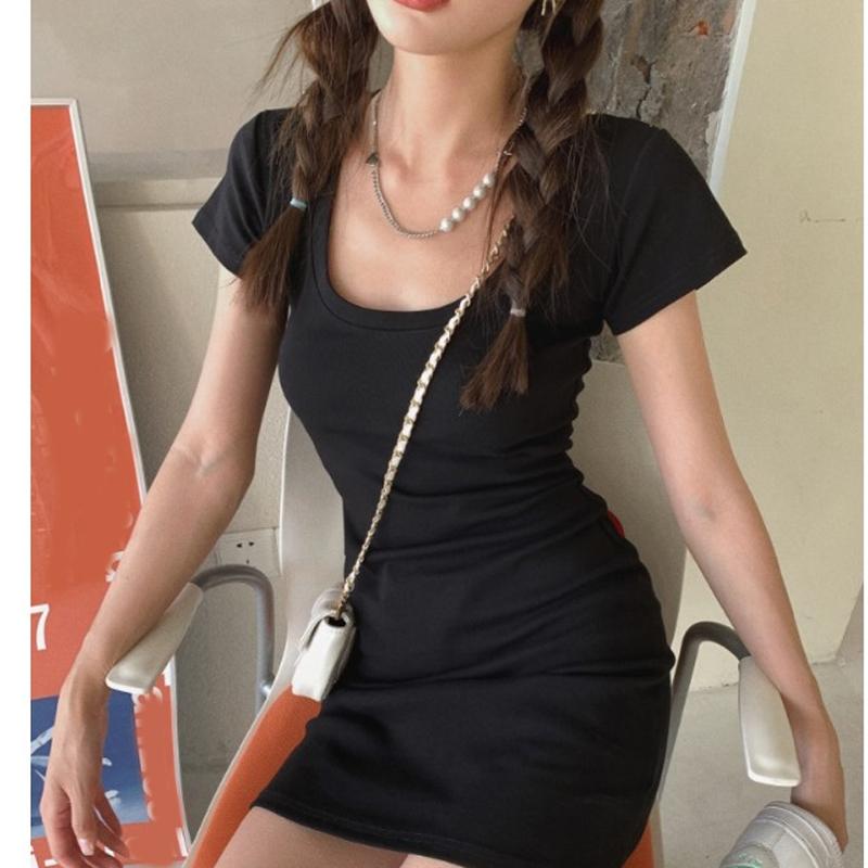 Summer U-neck Short Sleeve Dress for Women New Fashion Elegant High Waist Thin Casual Bodycon Dresses Female Solid Color Simple Party Short Dress 3595