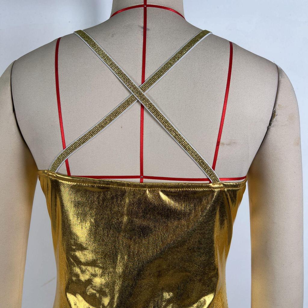 2024 Europejsko-Amerykańska Złota Sukienka Bez Ramiączek Wyszczuplająca z Nieregularnym Rękawem