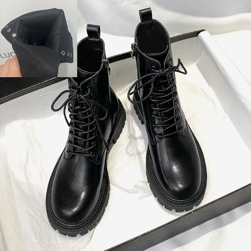 Vinterplatåstövletter Dam Höst Tjock Sula Motorcykelstövlar Kvinna Förtjocka Varma Snörskor Damer