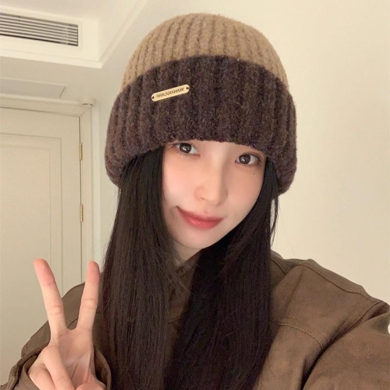 Women Autumn Winter  New Knitted Beanie Cap Korean Version Thickened Warm Color Matching Couple Student Fashion Wool Hat Men