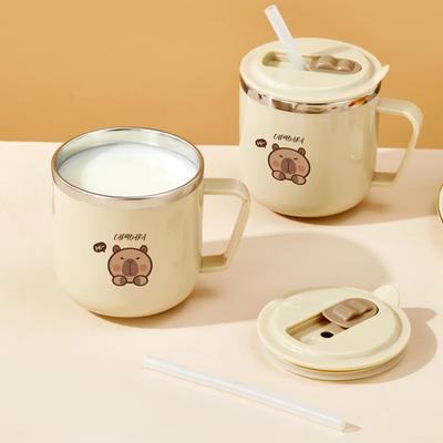 Mini Kid's Straw Water Cup With Handle Portable Sealed Double Wall Insulated Coffee Mug Capybara 316 Stainless Steel Thermos Cup
