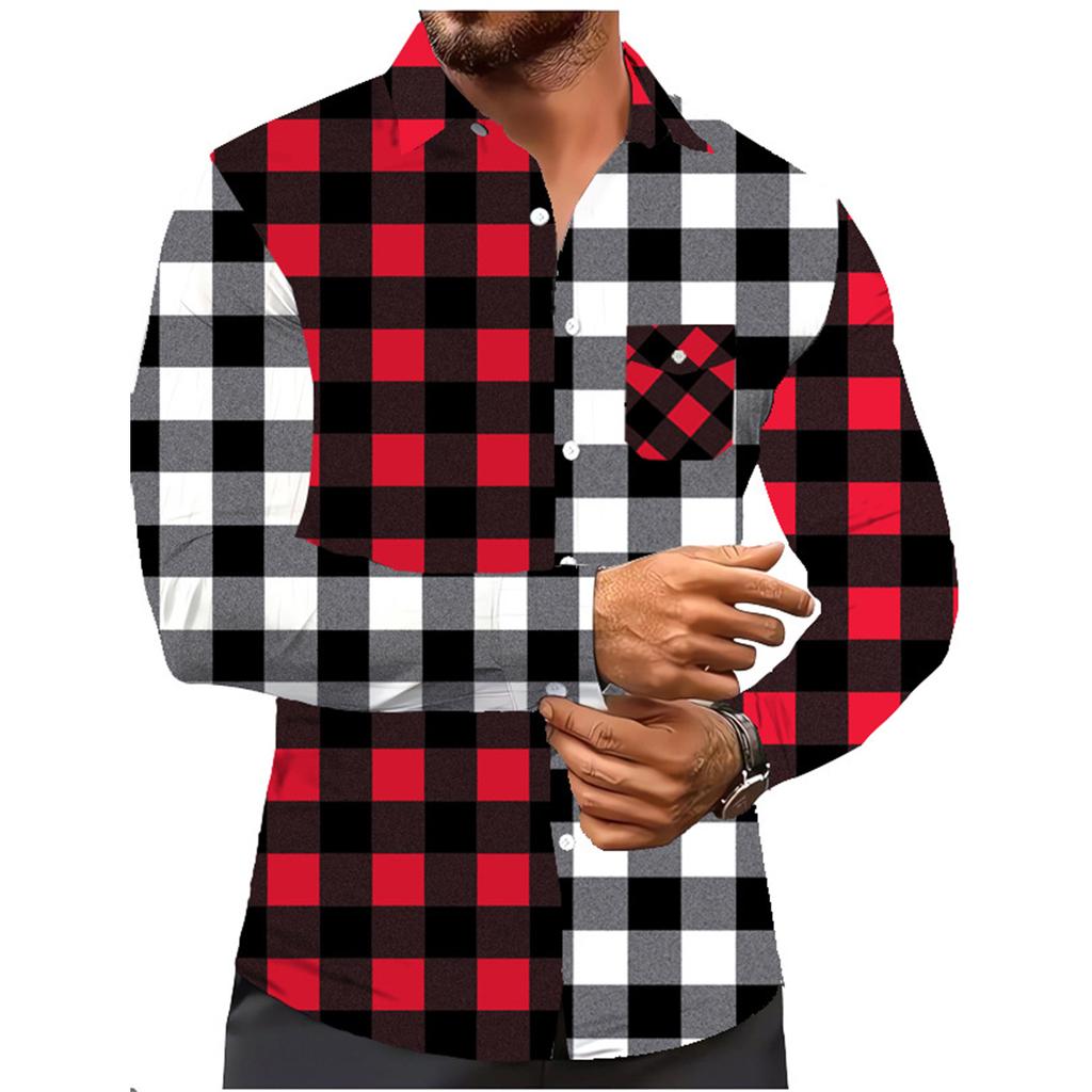 Men's Color Blocking Plaid Trendy Fashion Loose Drop Shoulder Lapel Long Sleeve Shirt