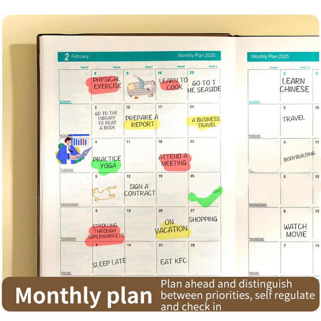 A5 leather 2025 business schedule book, English inner pages, student daily planner, 365-day record book, notepad, memo, 200 sheets