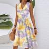 Women's Spring Summer Casual V Neck Sleeveless Waist Floral Print Midi Dress