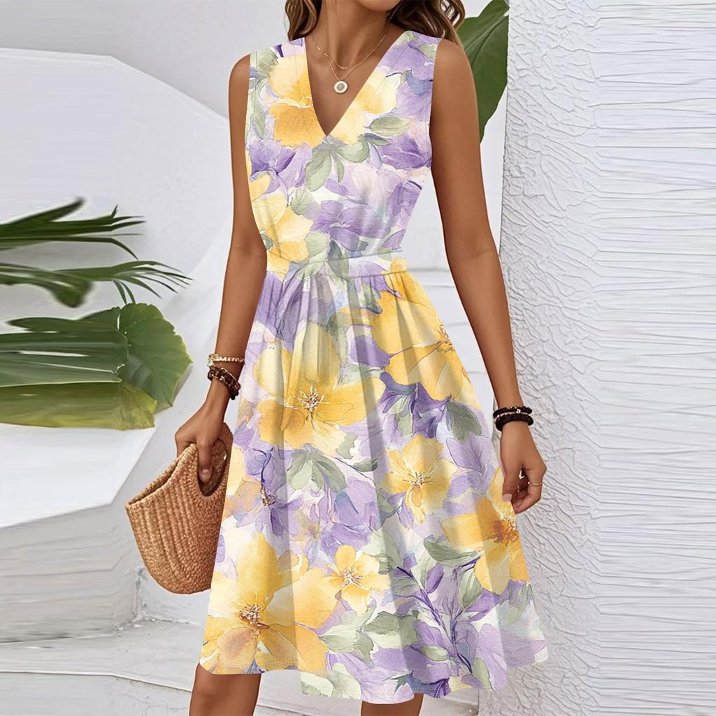 Women's Spring Summer Casual V Neck Sleeveless Waist Floral Print Midi Dress