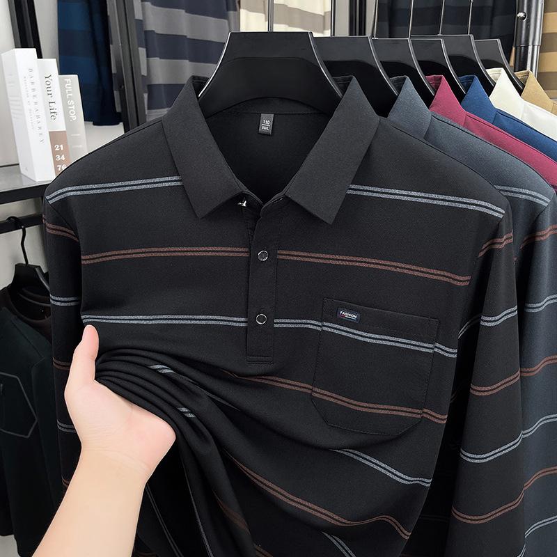 Men S Striped Long Sleeve Polo Shirt For Middle Aged Spring Autumn