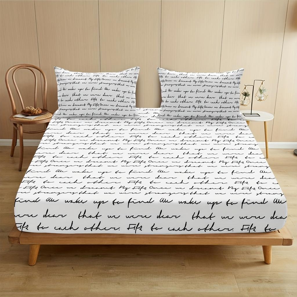 3-Piece Love Letter Print Fitted Sheet Set - Ultra-Soft, Breathable, Comfortable Bedding For Bedroom, Guest Room - Includes 1 Fi