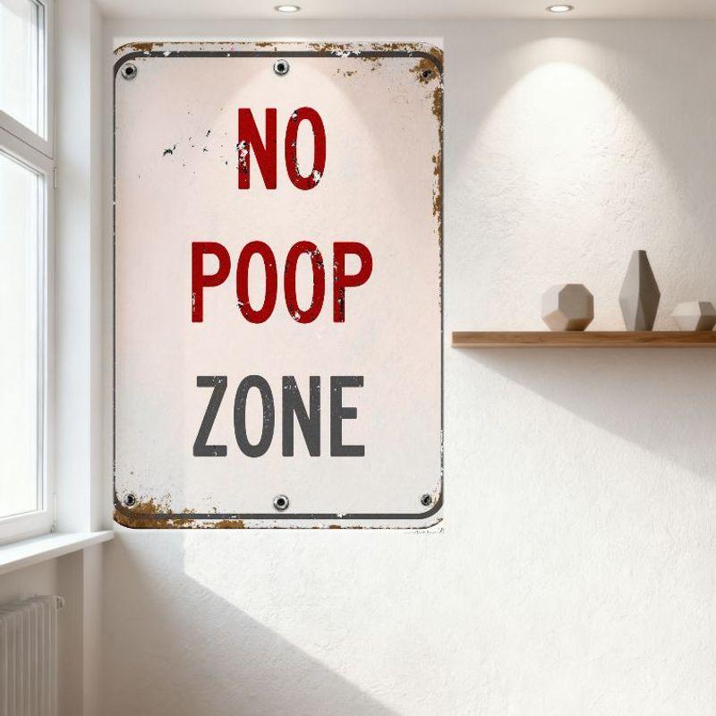 Vintage Rustic NO POOP ZONE Metal Tin Sign, Weathered Wall Decor with Peeling Paint, Outdoor Indoor Warning Plaque for Home Gard