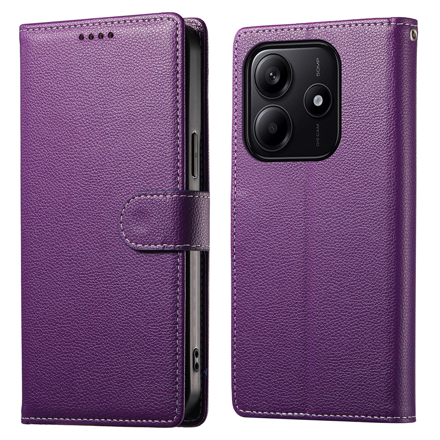 

DF-012 Чехол для Xiaomi Redmi Note 14 5G, кожа с текстурой личи, магнитная застежка, кошелек-подставка, чехол для телефона с ремешком на запястье Purple