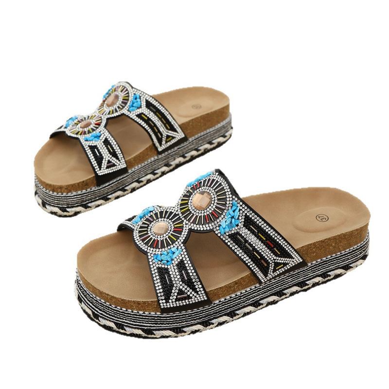 European and American Retro Ethnic Diamond Surface Thick-soled Slippers Double Buckle Large Size Beach Cork Slippers