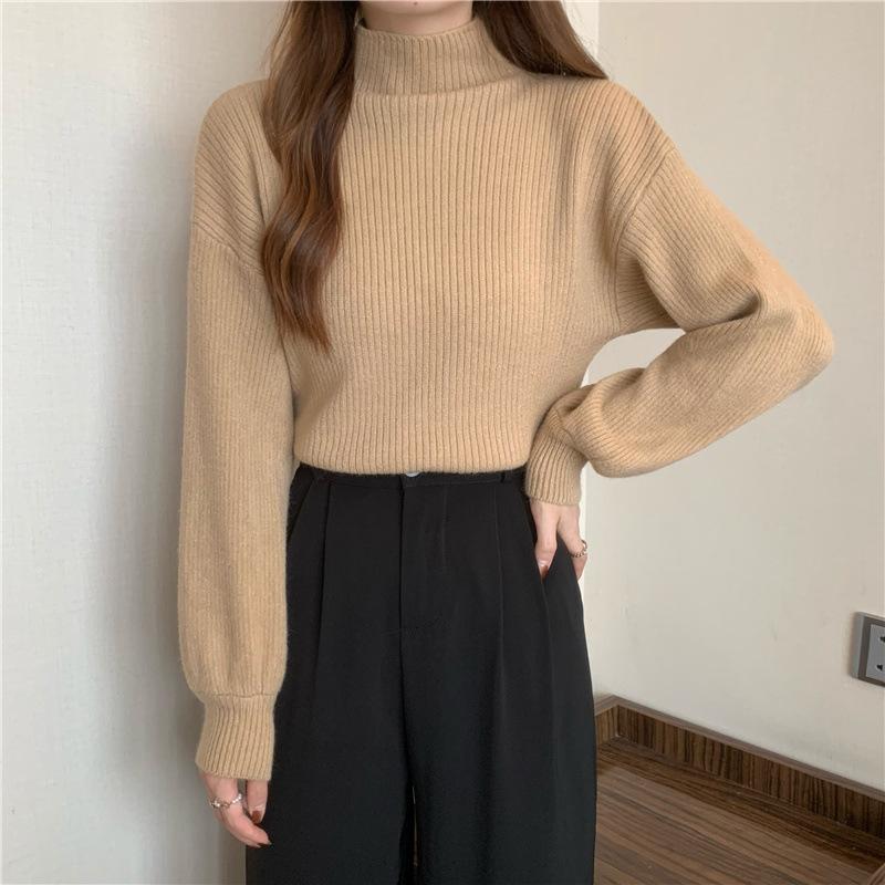Half Turtleneck Sweater for Women Loose Solid-color Knitted Sweater for Autumn and Winter Casual Long-sleeved Pullover