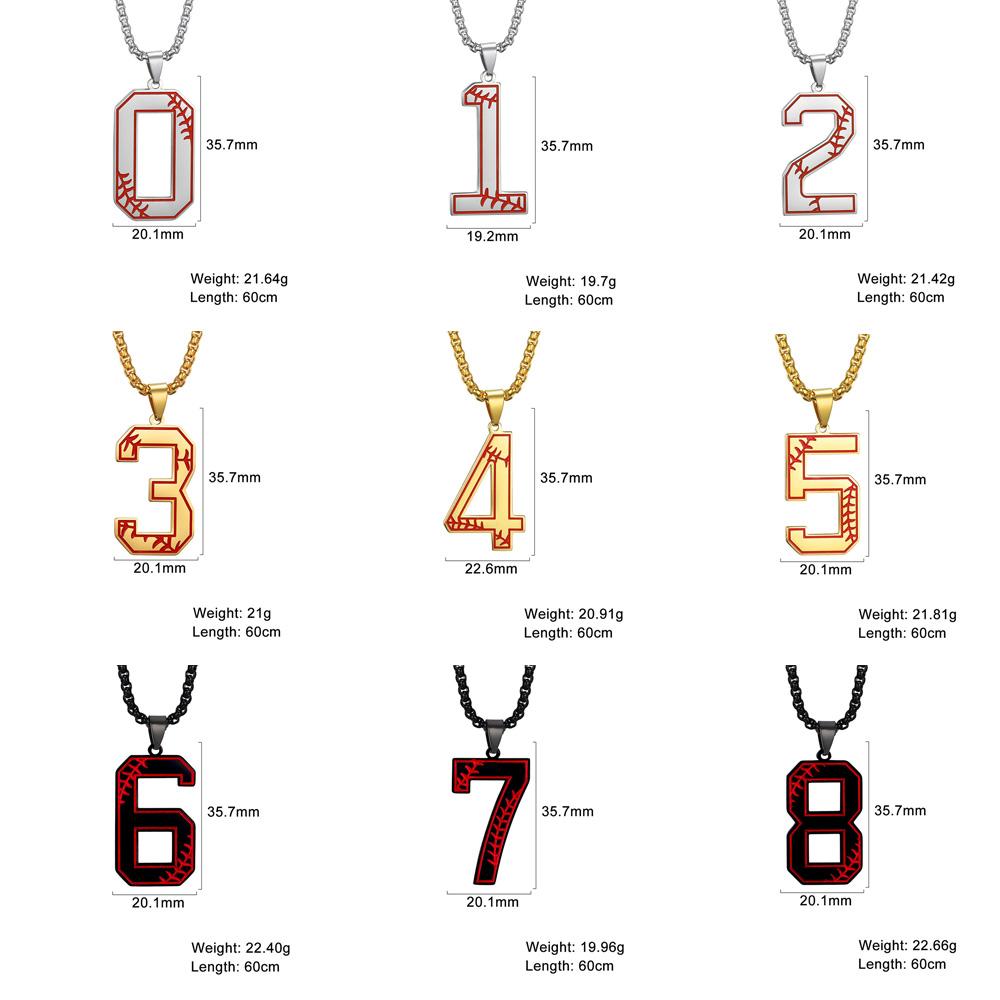  Lucky Number 0-9 Pendant Necklace Box Chain Baseball Sport Digital Stainless Steel Necklaces Casual Punk Jewelry for Men