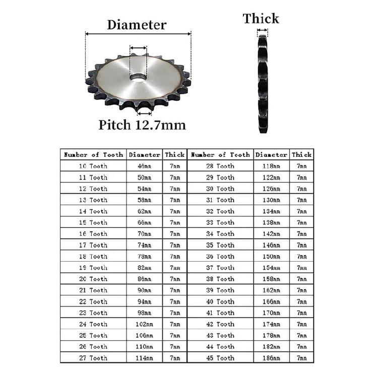 08B Flat Sprocket 10T-45T, 12.7mm Pitch, 7mm Thick A3 Steel Surface Hardened Chainwheel for Industrial Drive & Conveyor Systems