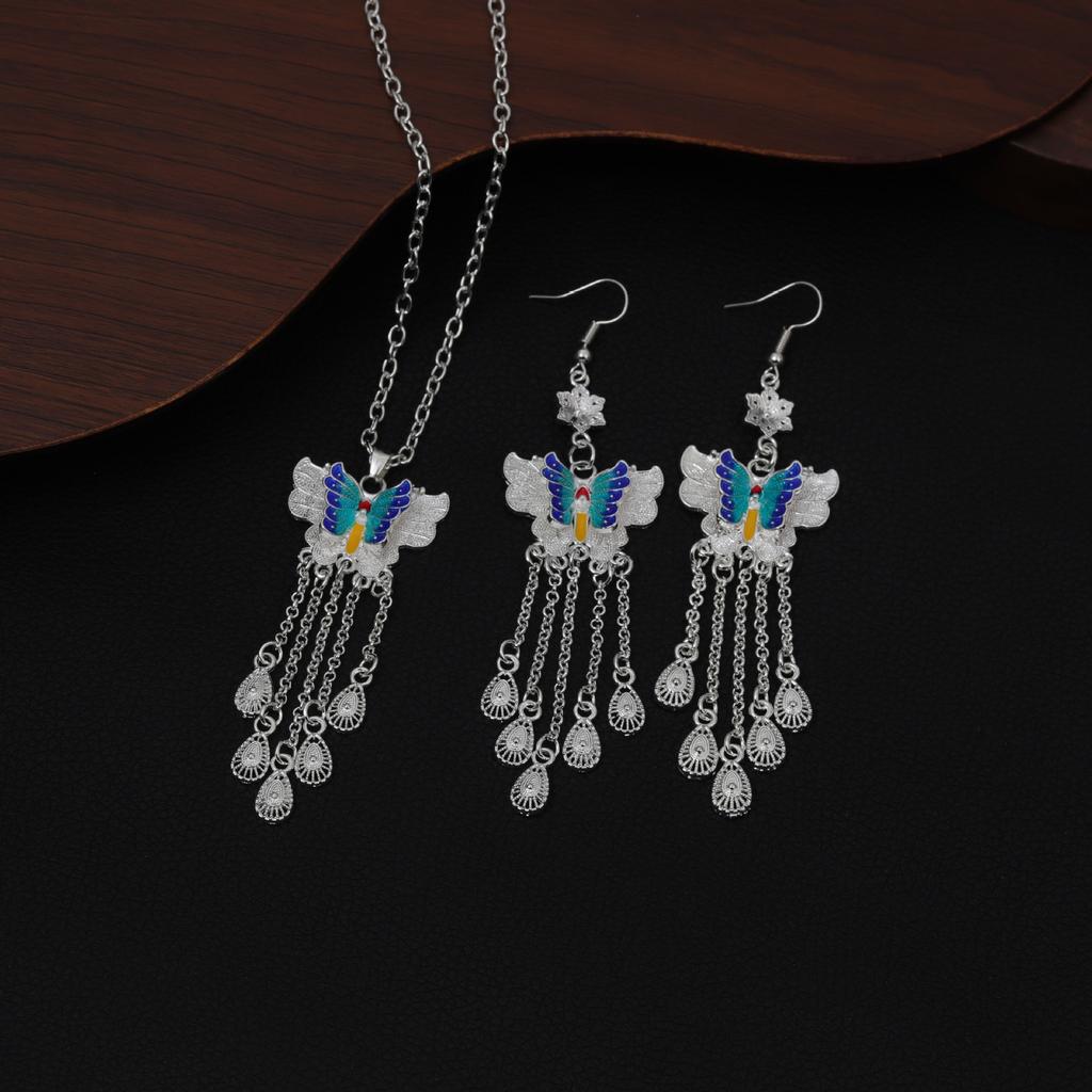 Bohemian Long Fringed Water Drop Earrings Retro Ethnic Style Earrings Women'S Colorful Butterfly Necklace Women'S