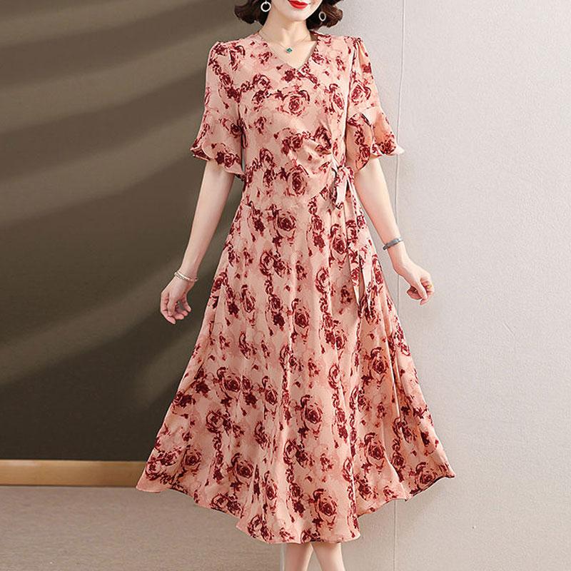 

Elegant V-Neck Folds Drawstring Dresses Summer Rose Printed Women s A-Line Waist Korean Asymmetrical Long Dress L червоний