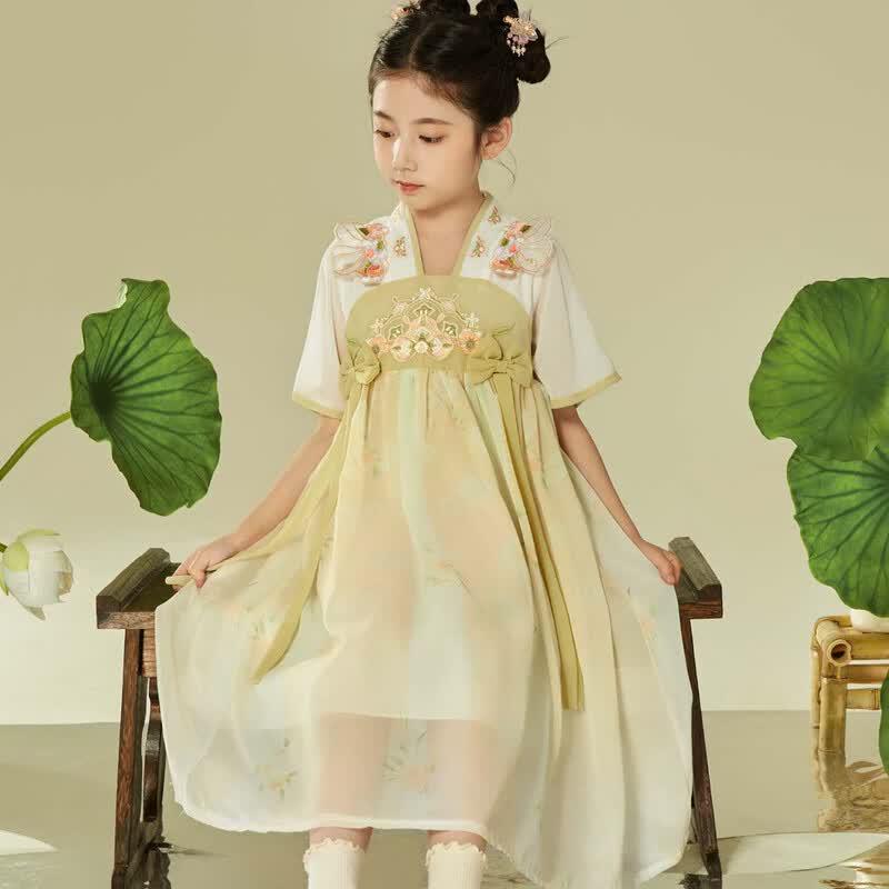 Girls  Yellow-Green Embroidered Hanfu Summer Dress 160cm