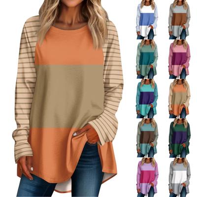 Damen Casual Plus Size Langarm Rundhals Farbblocking T-Shirt Top Pullover