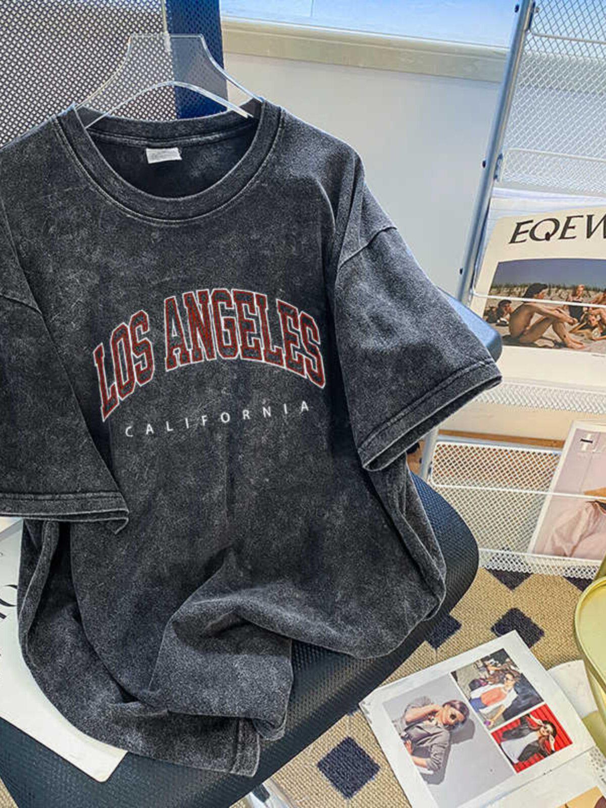 Amerikanisches Retro-Design Ausgebleichtes Reines Baumwoll-Sommer-Kurzarm-T-Shirt für Damen Übergröße - Trendiges Paar-Oberteil im europäischen Stil 2XL (131-155 lbs) schwarz