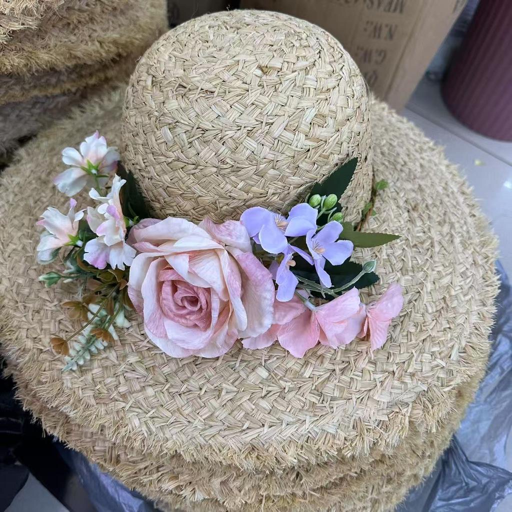 Flower woven Lafite straw hat women's summer French large brim travel sunshade sunscreen hat seaside vacation sun hat