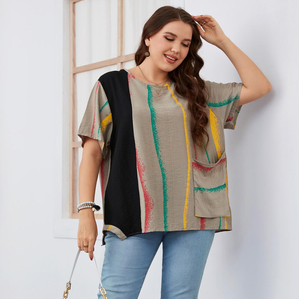 Женская летняя модная рубашка в полоску с принтом в стиле пэчворк и карманами — фото 8