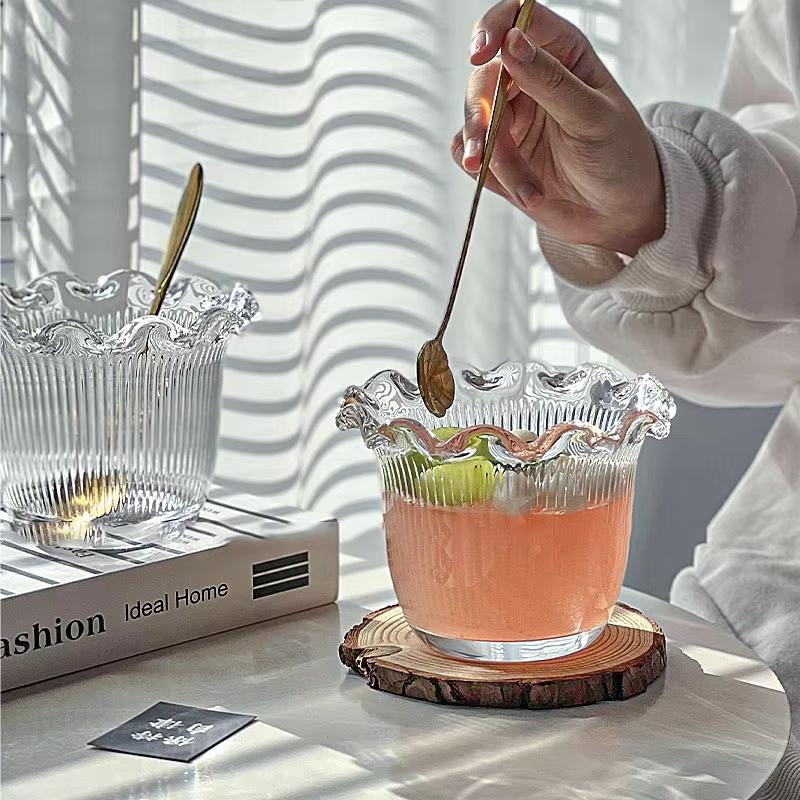 Vertical Lace Transparent Glass Bowl - Decorative Dessert Salad Breakfast Bowl for Syrup Oatmeal - Elegant Dim Sum Serving Dish