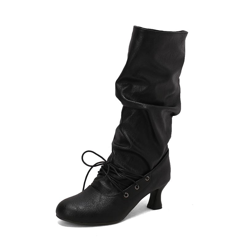 Women'S Autumn Winter Pleated Knee-High Boots Pointed Toe Stilettos Lace-Up High-Top Sexy Shoes For 34-50 Size Range