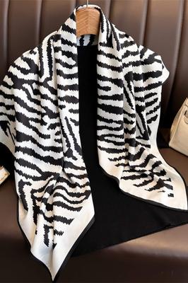 Women' Scarf 90X90 "Zebra Chic" - Black and White Scarf with Animal Pattern, Imitation Silk