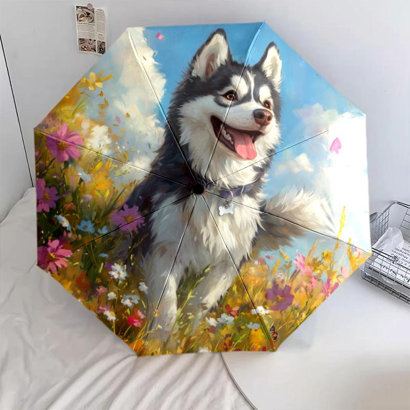 Husky and Grass pattern, automatic folding umbrella, portable and foldable design, 8 ribs, a Christmas or birthday gift.