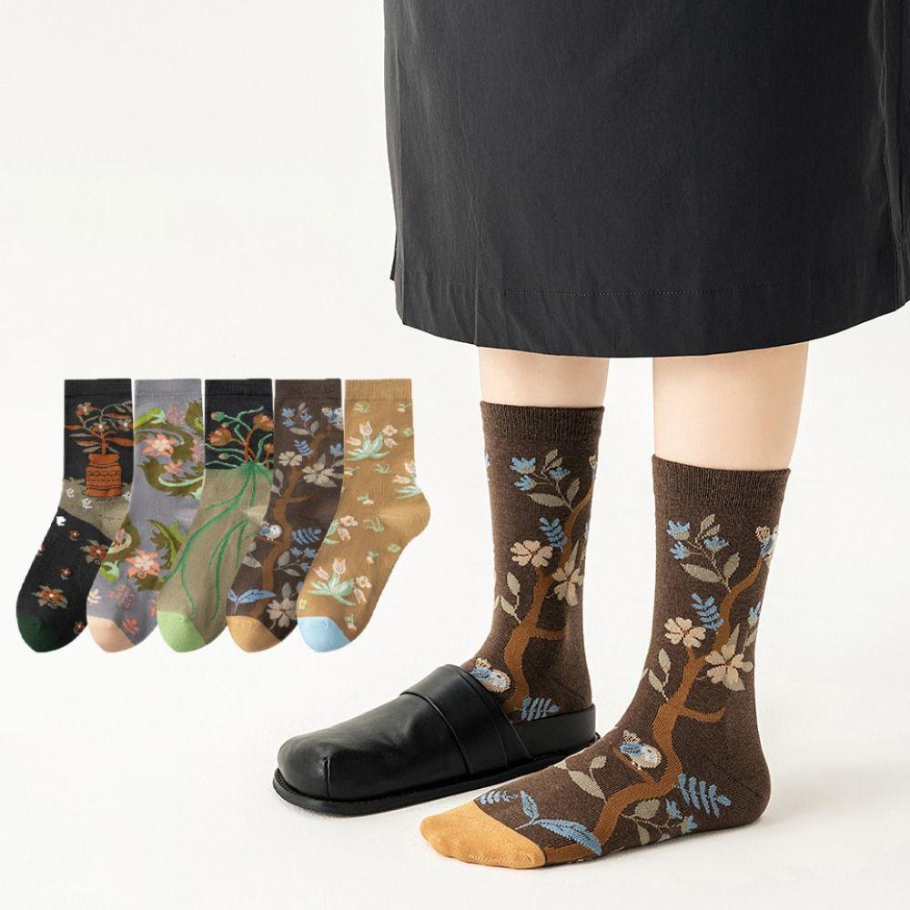 Flower Girls Mid-calf Socks Thin Retro Style Sock Women Fashion Floral Tube Socks Female