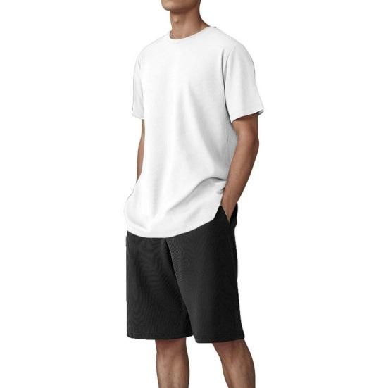 2Pcs/Set Men Sports Suit O-Neck Short Sleeve T-shirt Elastic Waist Wide Leg Shorts Set Solid Color Waffle Fabric Sportswear