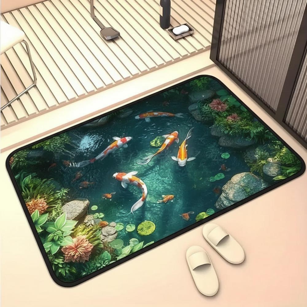 

40*60cm 3D Visual Crystal Velvet Floor Mat Non-slip Koi Fish Printing Bedroom Door Small Rug Water-absorbing Abrasion-resistant