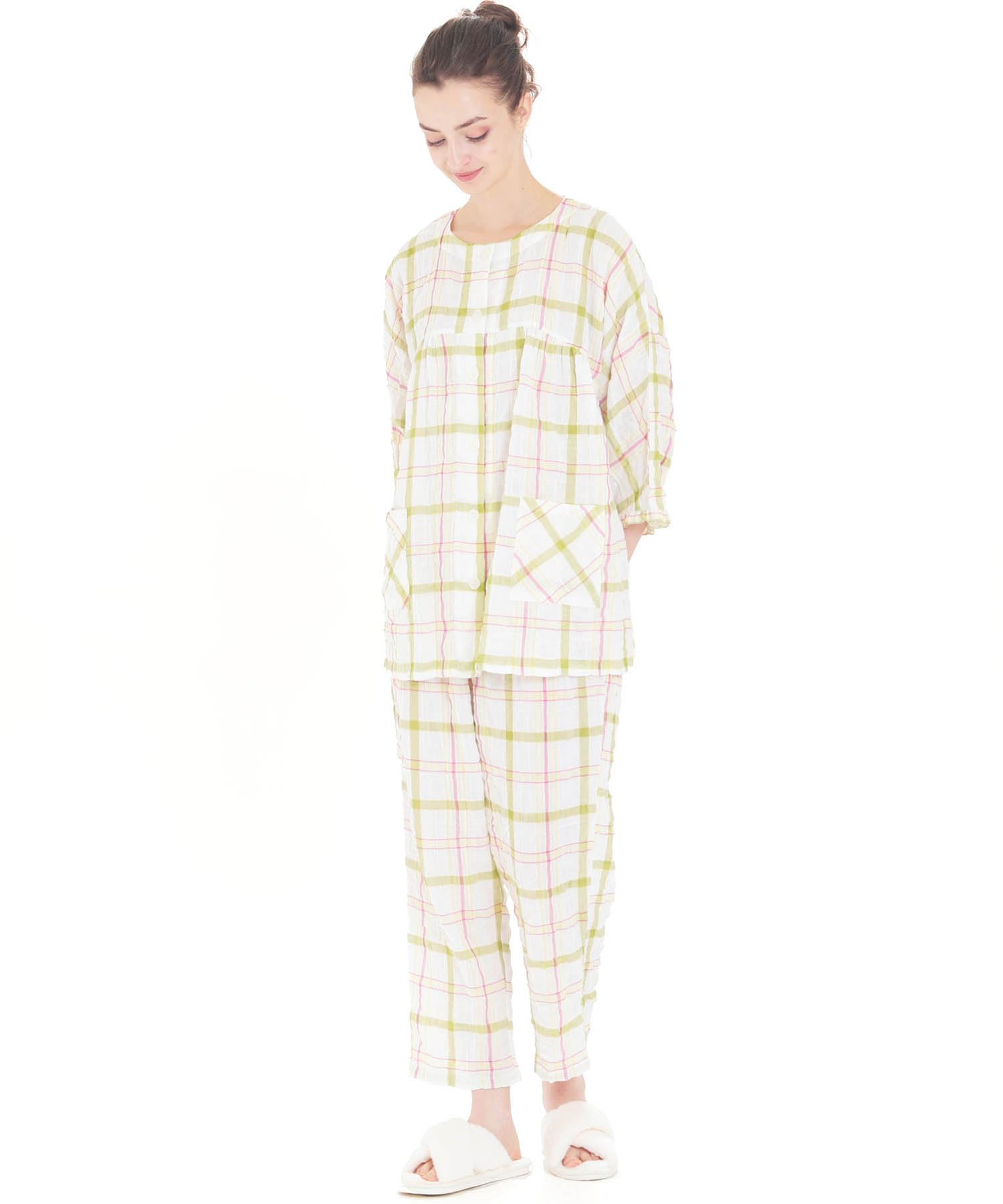 

Narue Shirred Double Gauze Check Relaxed Pajamas зелёный