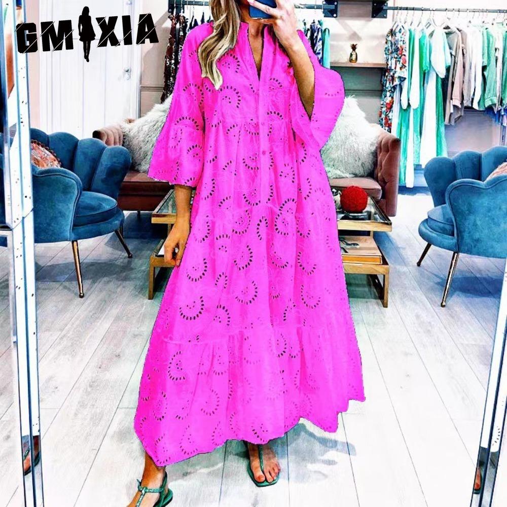 GMXIA 8 Colors S-5XL Women's Fashion Summer Spring Solid Color Print 3/4 Sleeve V-Neck Casual Dresses