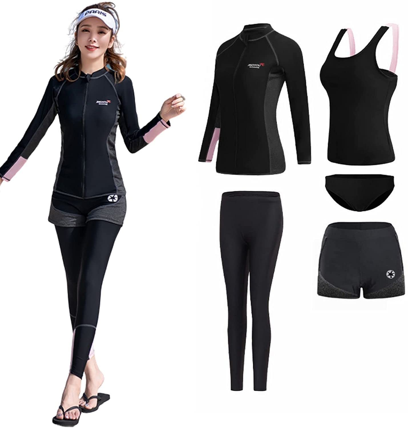 

VmanKu Фитнес Купальник Длинный Рукав Раш Раздельный Стильный УФ Спортивный и Леггинсы Размер Женский Набор из 5 Предметов Защита, Моделирующий Фигуру, Шорты, Танкини,