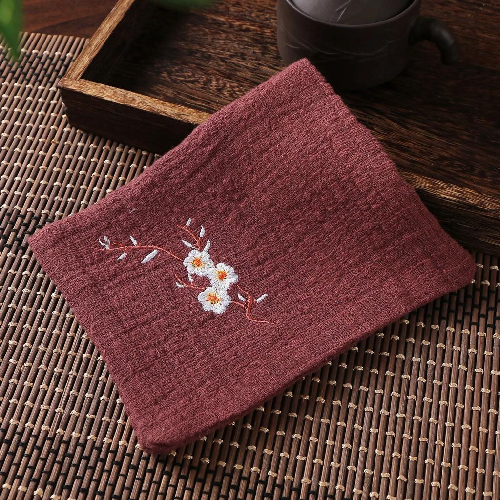 Cotton Linen Chinese Style Zen Tea Towel Absorbent Thickened Rag Flower Embroidery Tea Towel Tea Coaster Accessories