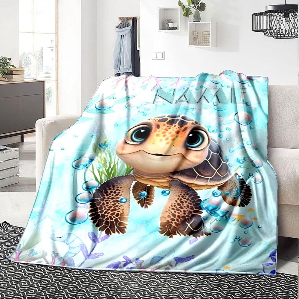 Underwater Turtle With Bubbles And Coral Theme Gift Customizable Blanket Personalized Text Soft Warm Cozy For Sofa Couch Office Bed Picnics For All