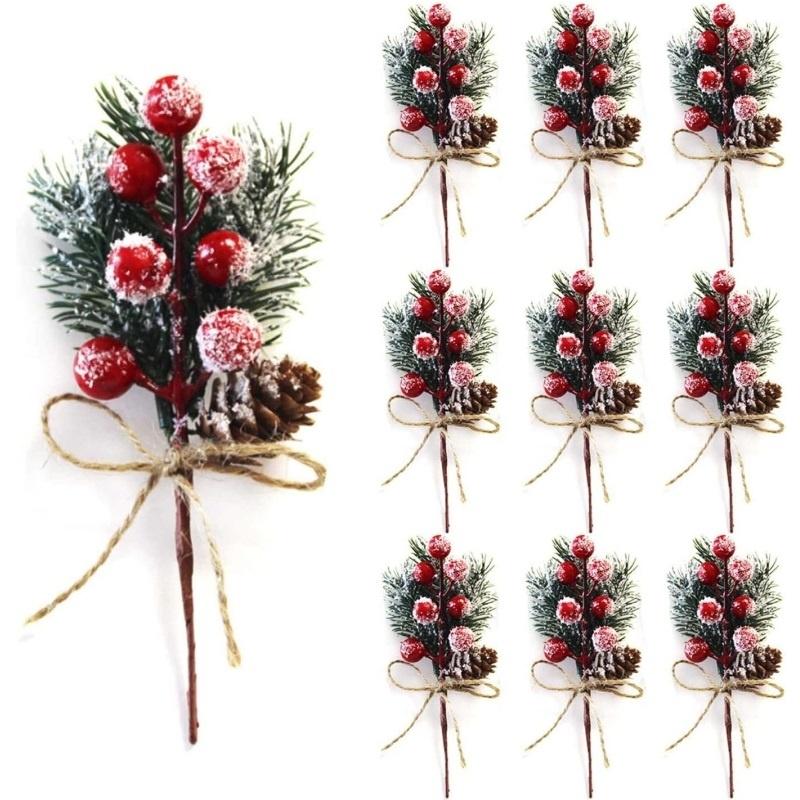 10x Artificial Christmas Picks Red Berries Stems Pine Branches Cones Xmas Decor