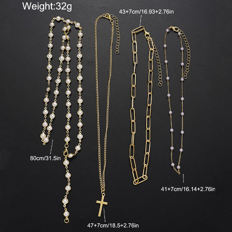 4pcs Vintage Metal Cross Pendant Y-Necklace Set Bohemian Gold Color Pearl Necklaces For Women Daily Vacation Dating Wear Jewelry