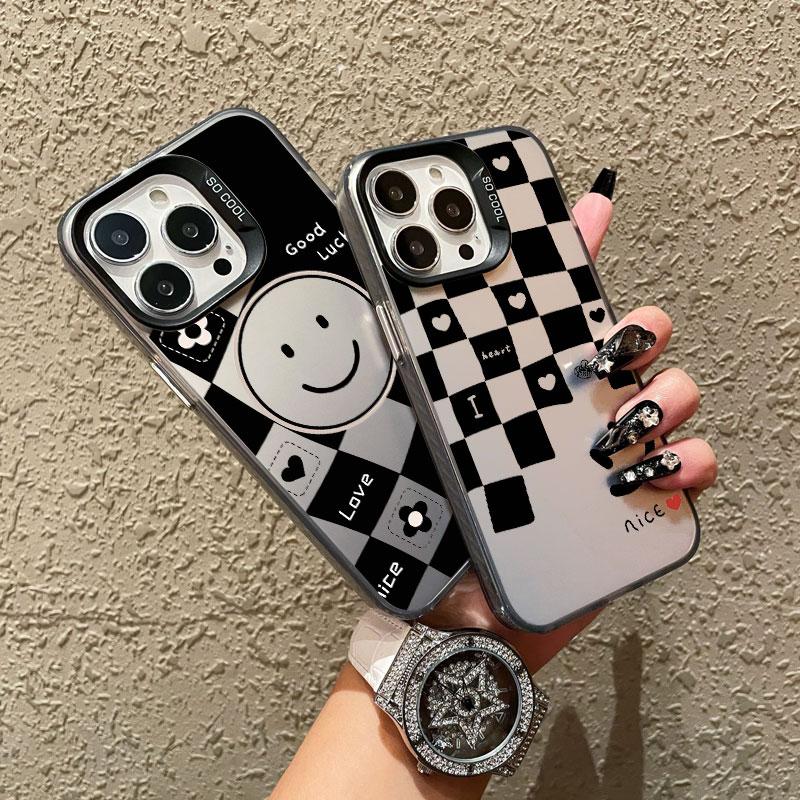 Black And White Plaid Print Smiling Face Laser Phone Case for iPhone 15 14 Pro Max Plus 16 17 Pro Max 13 12 Mini 11 Pro Max Case