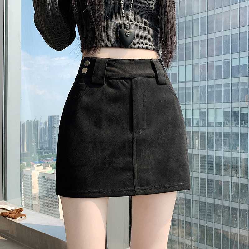 Deerskin velvet short skirt women's autumn brown skirt high waist hip skirt Trendy High Waist Khaki Mini Skirt