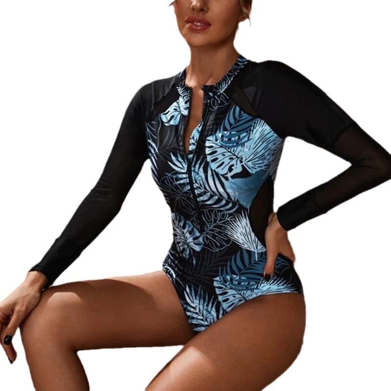 Swimsuit Mesh Splicing Long Sleeve Crew Neck Wetsuit Printed Zipper Triangle Surf Suit One-piece Swimsuit