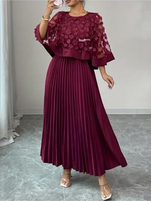 Vestido Elegante de Malla 3D Floral Patchwork Línea A con Falda Plisada para Mujer