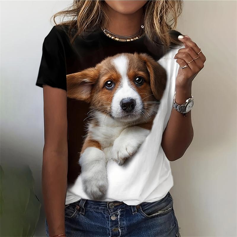 Tägliches Rundhals-Sommer-Damen-T-Shirt mit kurzen Ärmeln, 3D-Druck, kleiner Hund, lässiges T-Shirt