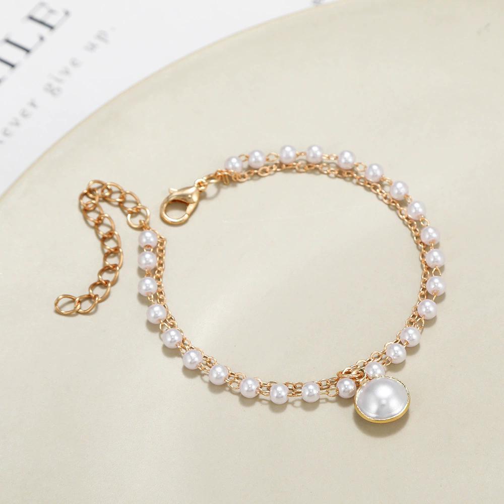 Vintage Double Layered Imitation Pearl Beaded Bracelet for Women Ethnic Link Chain Wrap Bangle Bracelet Jewelry Gifts
