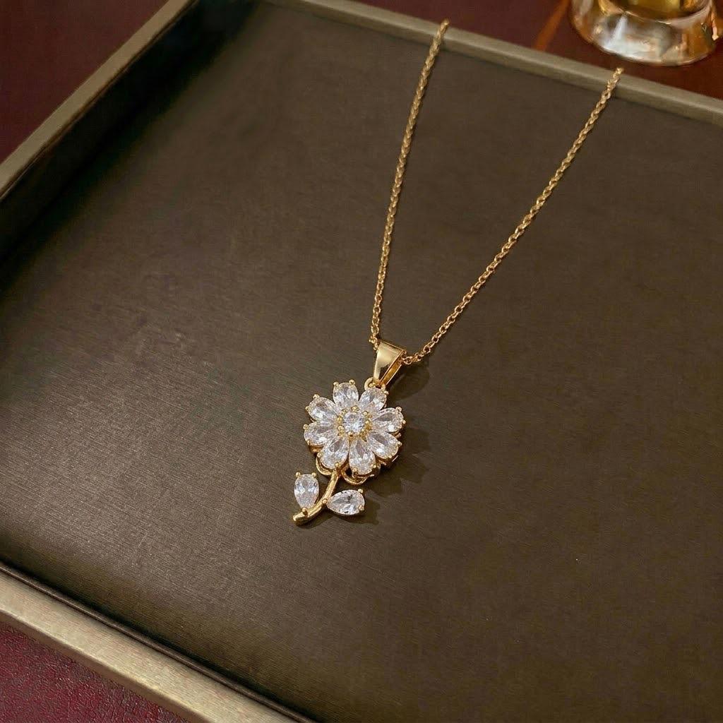 European & American Women's Zircon Flower Necklace & Rotatable Pendant Earrings Set