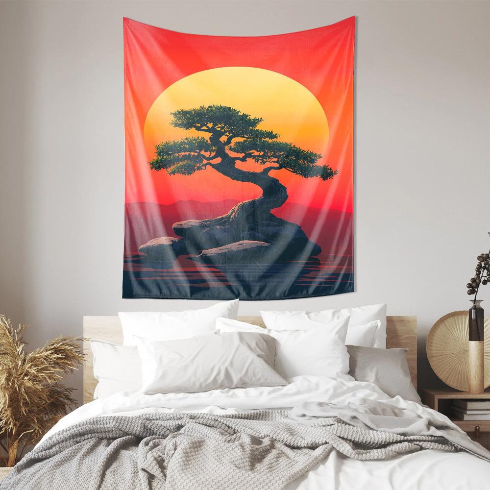 Sunset Pine Tree Tapestry Japanese Zen Home Decor Cozy Living Room Wall Art