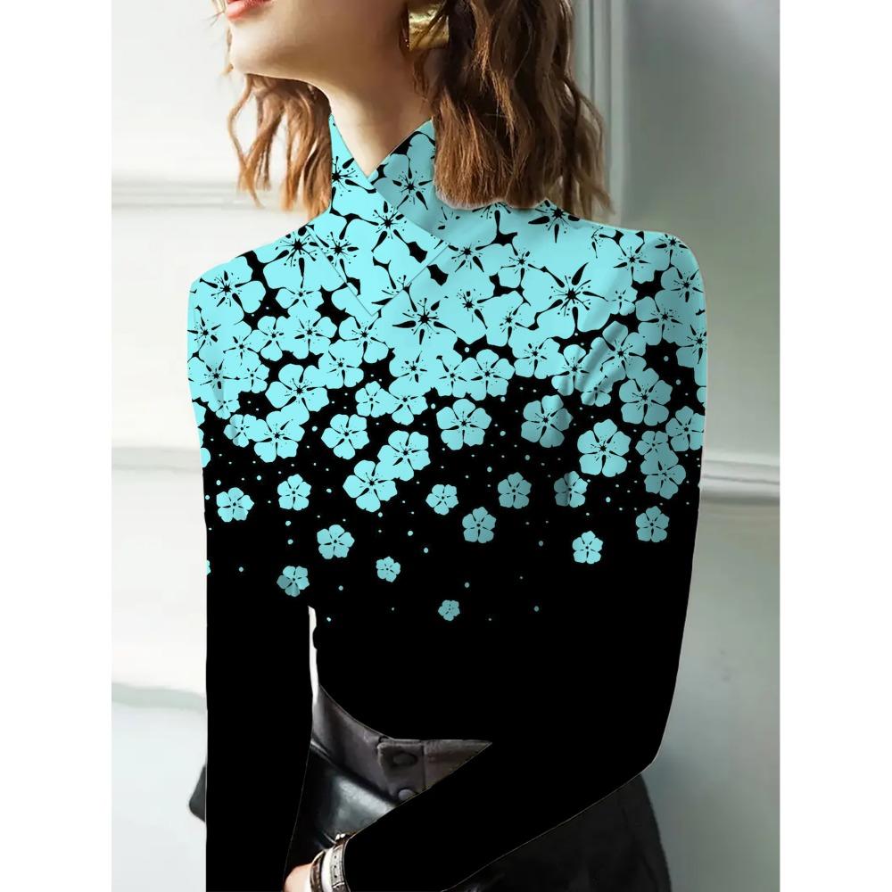 Women's autumn and winter cheongsam collar long sleeves, sky blue flower print T-shirt, suitable for autumn and winter wear